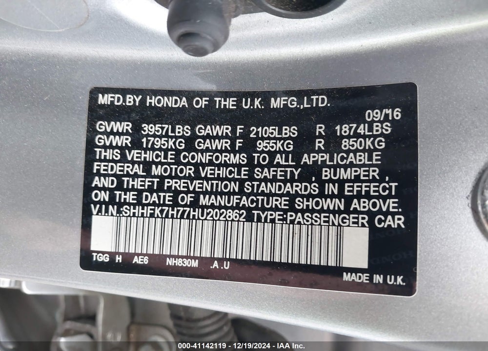 2017 HONDA CIVIC EX-L VIN: SHHFK7H77HU202862