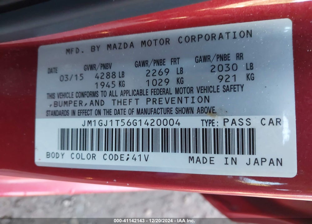 2016 MAZDA 6 I TOURING VIN: JM1GJ1T56G1420004