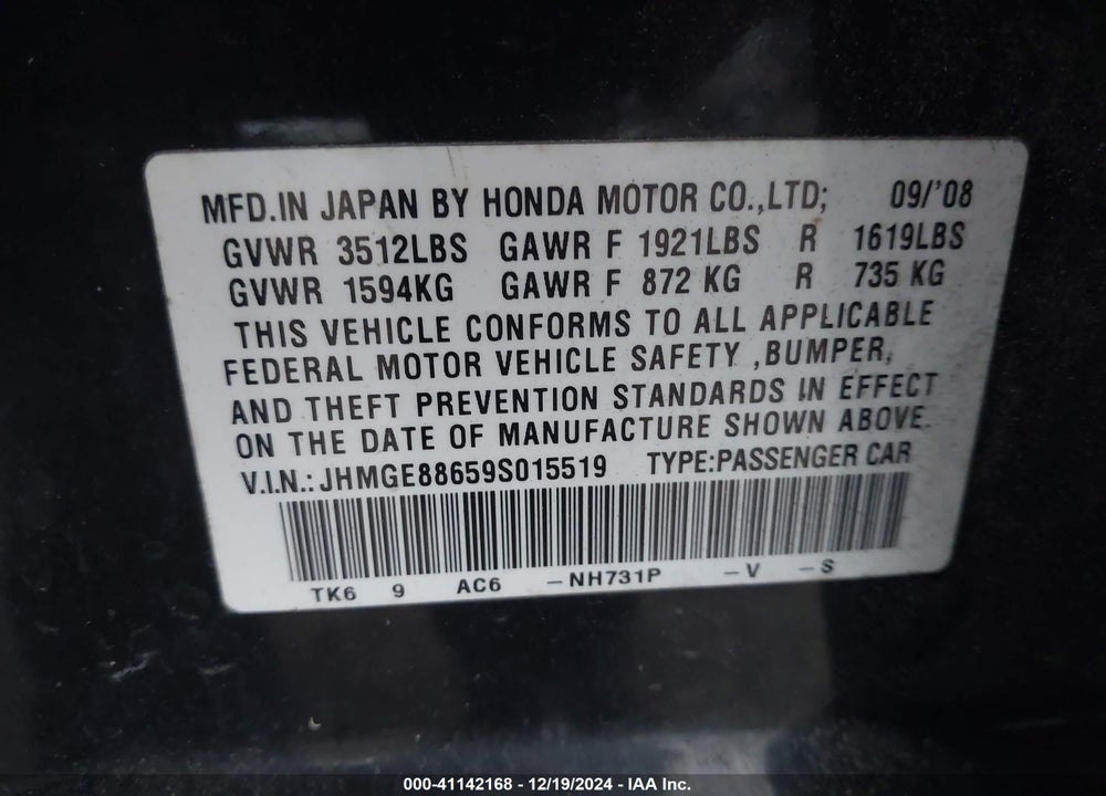 2009 HONDA FIT SPORT VIN: JHMGE88659S015519