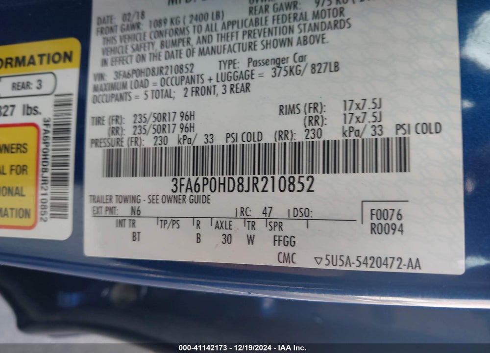 2018 FORD FUSION SE VIN: 3FA6P0HD8JR210852