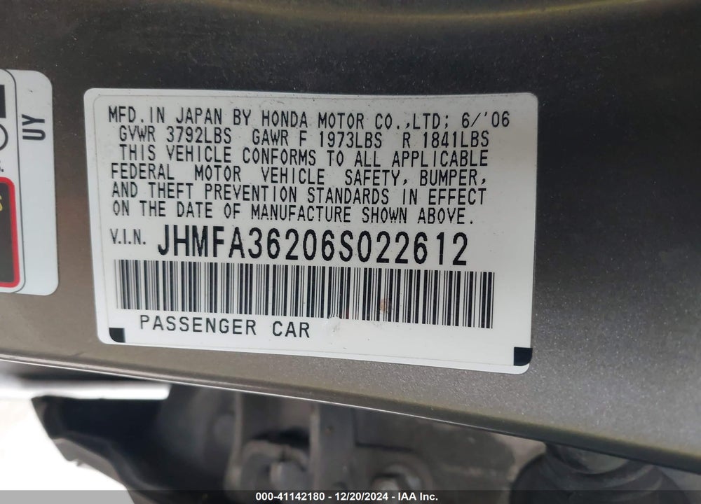 2006 HONDA CIVIC HYBRID VIN: JHMFA36206S022612