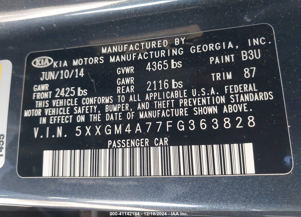 2015 KIA OPTIMA LX VIN: 5XXGM4A77FG363828
