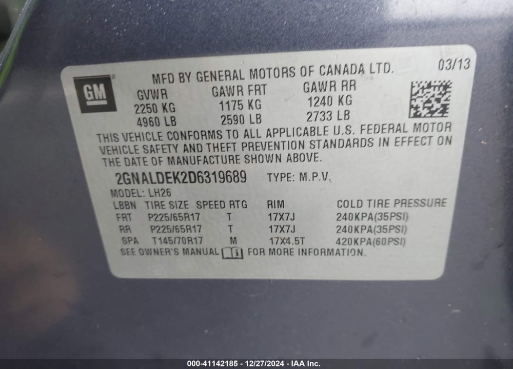 2013 CHEVROLET EQUINOX 1LT VIN: 2GNALDEK2D6319689