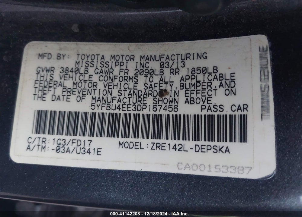 2013 TOYOTA COROLLA S VIN: 5YFBU4EE3DP167456