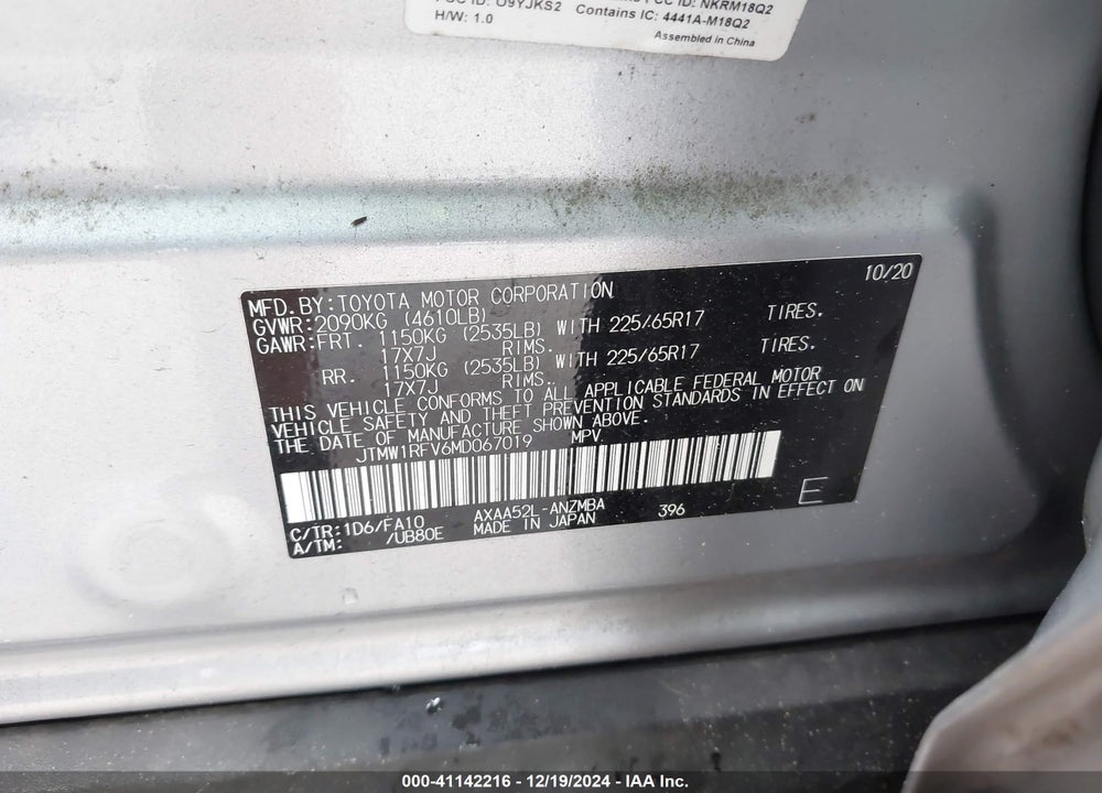 2021 TOYOTA RAV4 XLE VIN: JTMW1RFV6MD067019