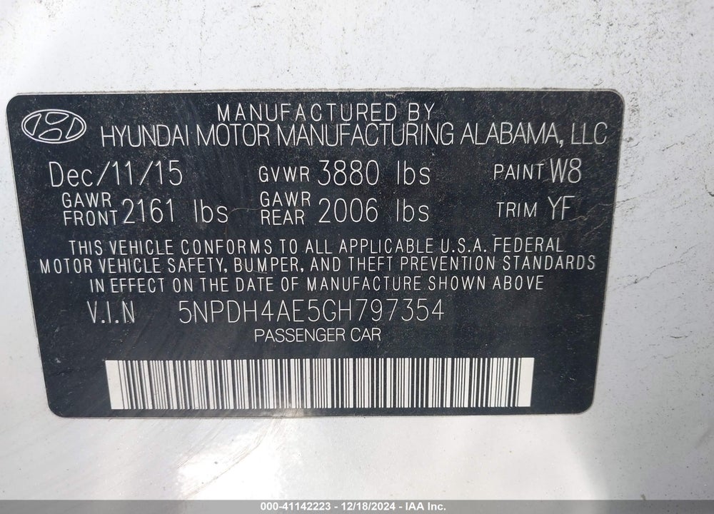 2016 HYUNDAI ELANTRA SE VIN: 5NPDH4AE5GH797354