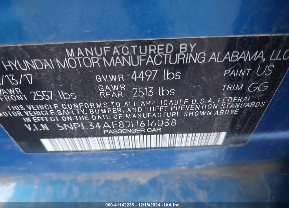 2018 HYUNDAI SONATA SEL VIN: 5NPE34AF8JH616038