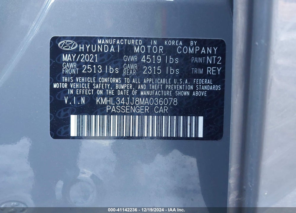 2021 HYUNDAI SONATA SEL VIN: KMHL34JJ8MA036078