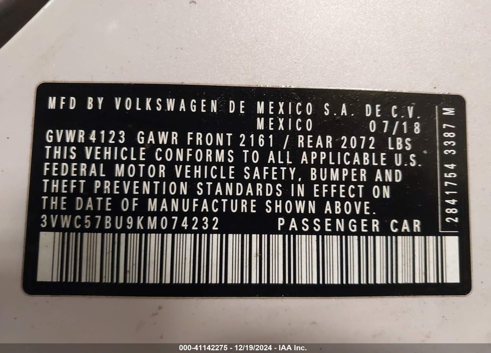 2019 VOLKSWAGEN JETTA 1.4T R-LINE/1.4T S/1.4T SE VIN: 3VWC57BU9KM074232