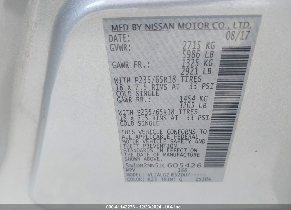 2018 NISSAN PATHFINDER VIN: 5N1DR2MN5JC605426