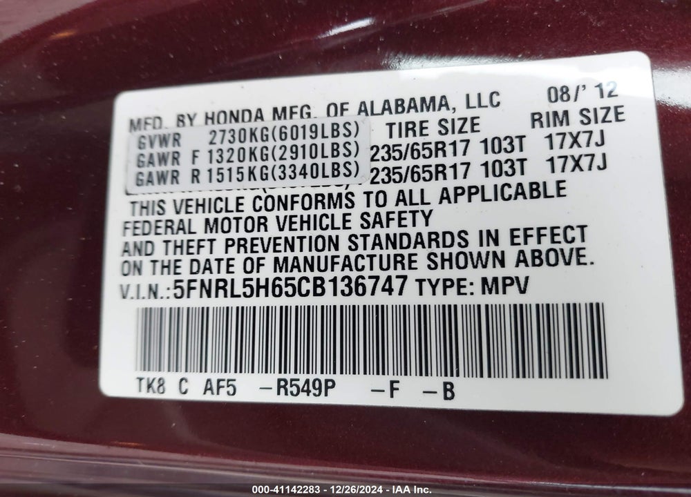 2012 HONDA ODYSSEY EX-L VIN: 5FNRL5H65CB136747