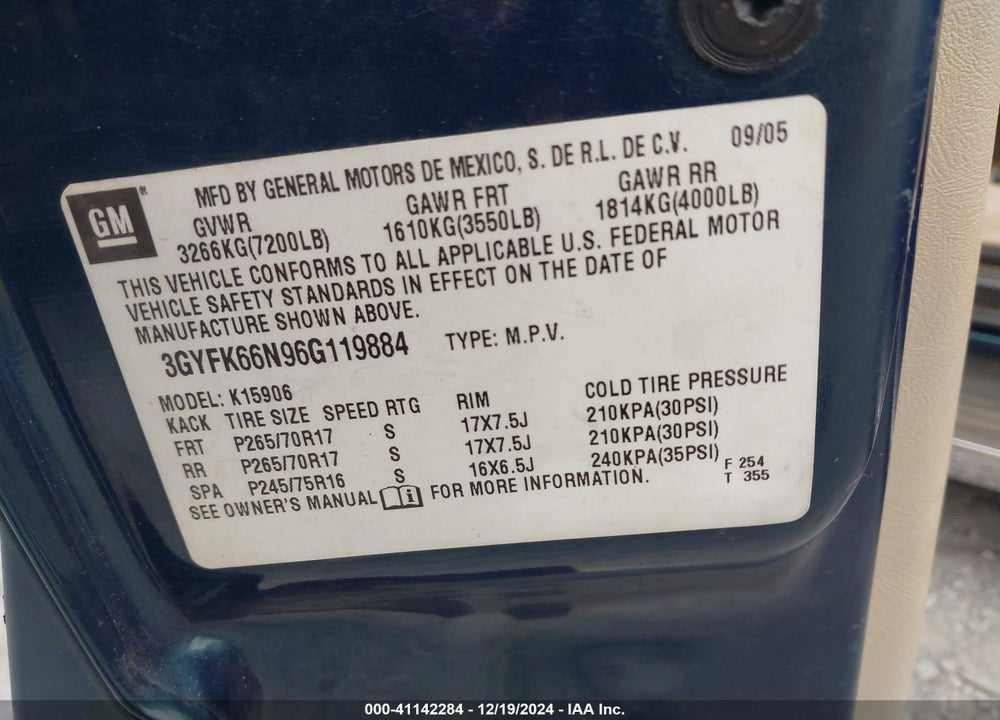 2006 CADILLAC ESCALADE ESV STANDARD VIN: 3GYFK66N96G119884