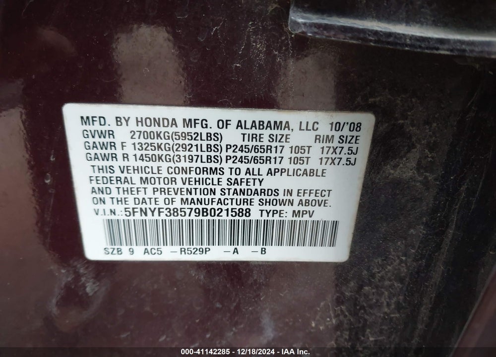 2009 HONDA PILOT EX-L VIN: 5FNYF38579B021588