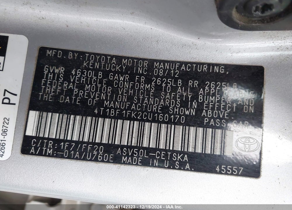 2012 TOYOTA CAMRY SE VIN: 4T1BF1FK2CU160170