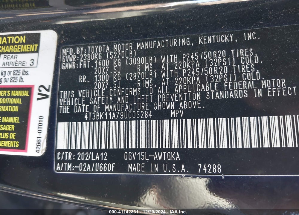 2009 TOYOTA VENZA VIN: 4T3BK11A79U005284