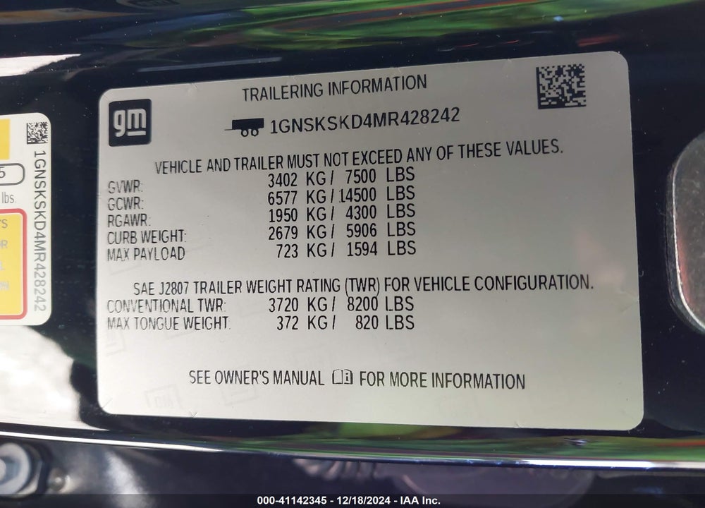 2021 CHEVROLET TAHOE VIN: 1GNSKSKD4MR428242