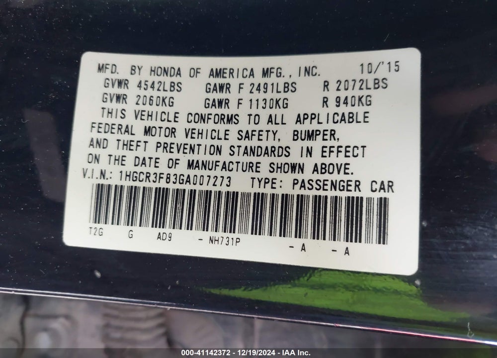 2016 HONDA ACCORD EX-L V-6 VIN: 1HGCR3F83GA007273