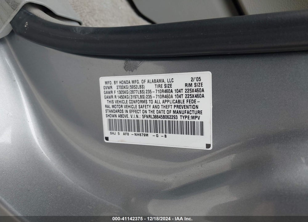 2005 HONDA ODYSSEY TOURING VIN: 5FNRL38845B062293