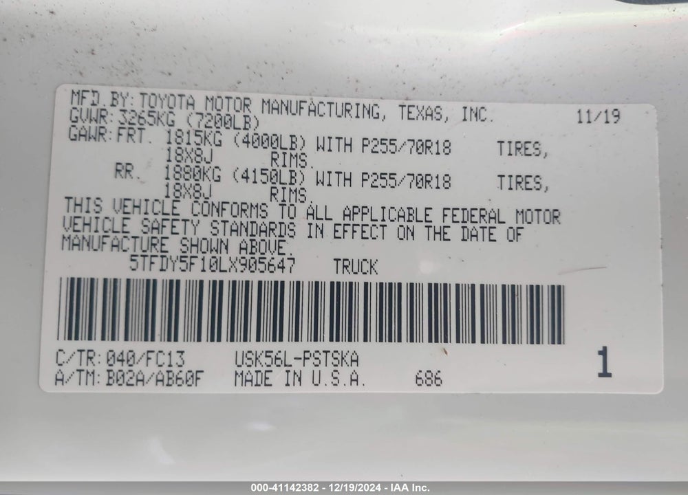 2020 TOYOTA TUNDRA SR5 VIN: 5TFDY5F10LX905647