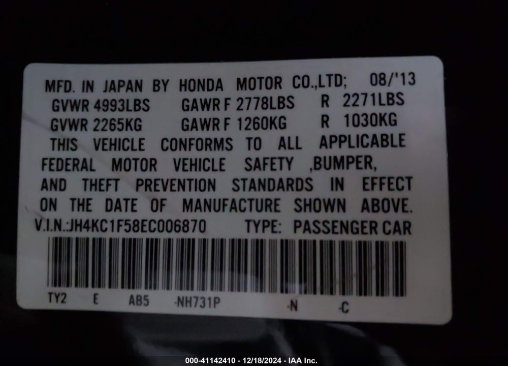 2014 ACURA RLX VIN: JH4KC1F58EC006870