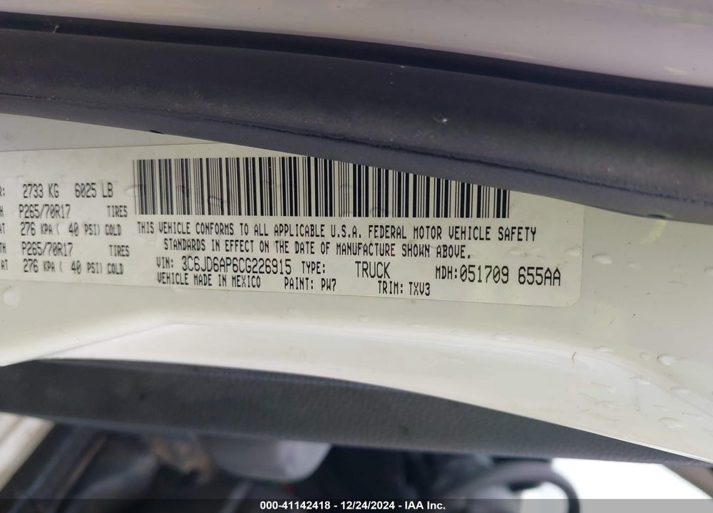 2012 RAM 1500 ST VIN: 3C6JD6AP6CG226915