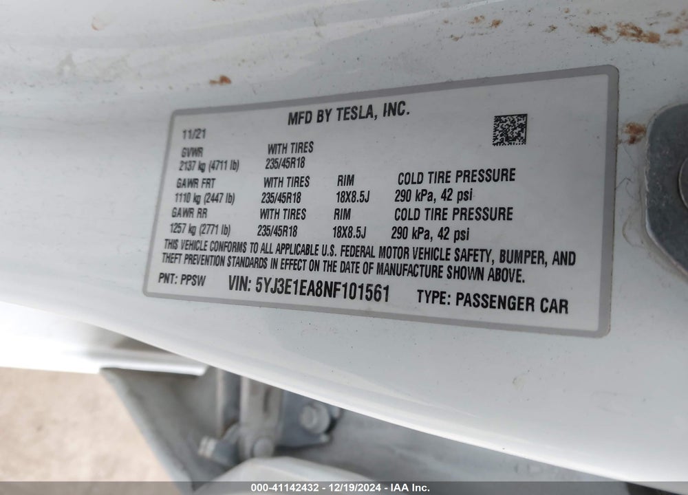 2021 TESLA MODEL 3 VIN: 5YJ3E1EA8NF101561