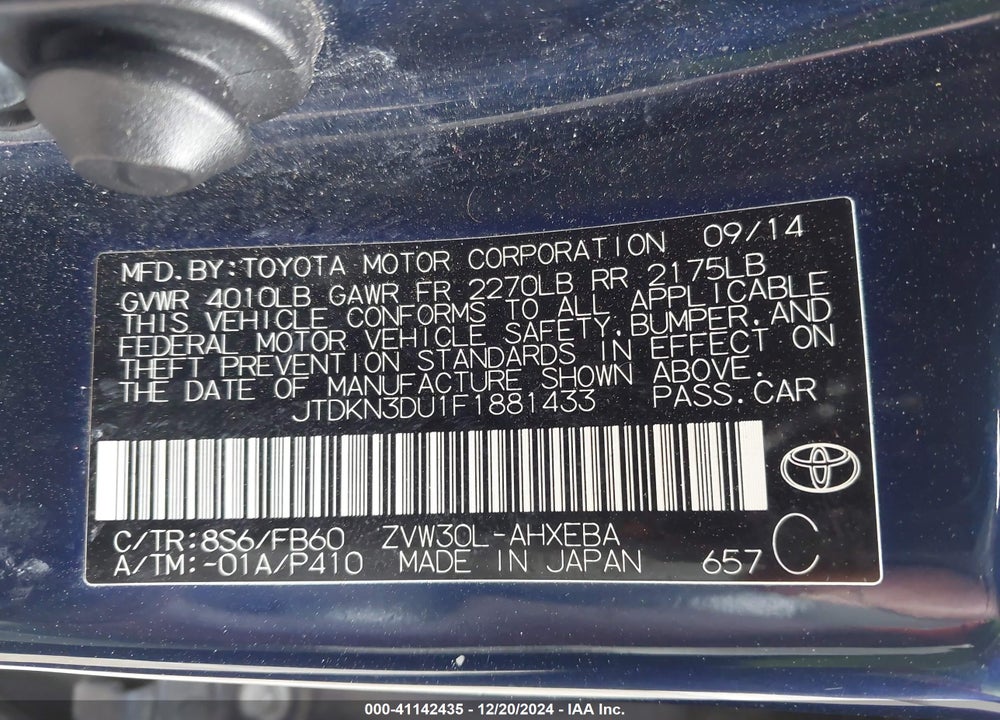 2015 TOYOTA PRIUS TWO VIN: JTDKN3DU1F1881433