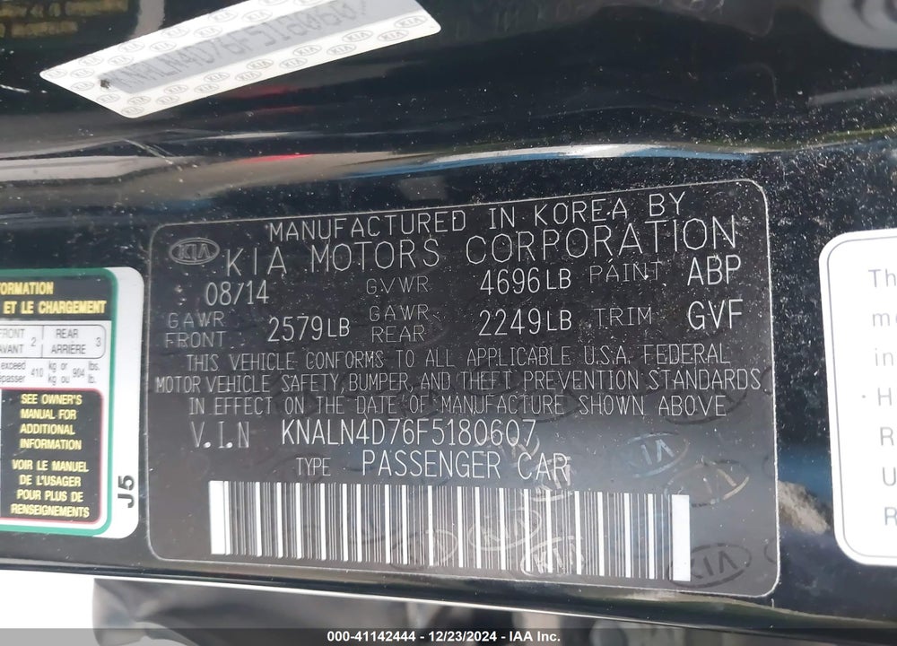 2015 KIA CADENZA PREMIUM VIN: KNALN4D76F5180607
