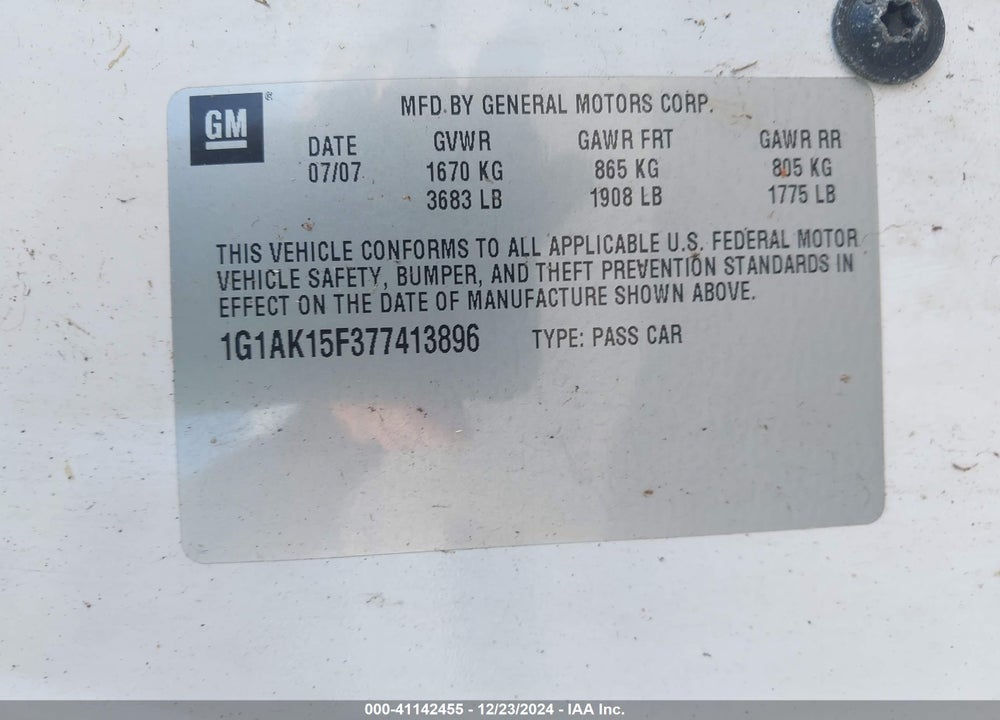 2007 CHEVROLET COBALT LS VIN: 1G1AK15F377413896