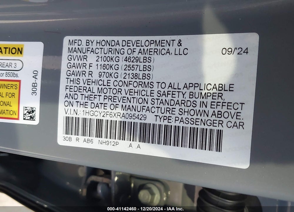 2024 HONDA ACCORD HYBRID EX-L VIN: 1HGCY2F6XRA095429