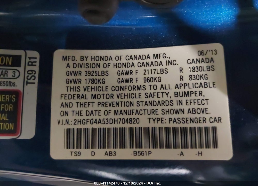 2013 HONDA CIVIC SI VIN: 2HGFG4A53DH704820