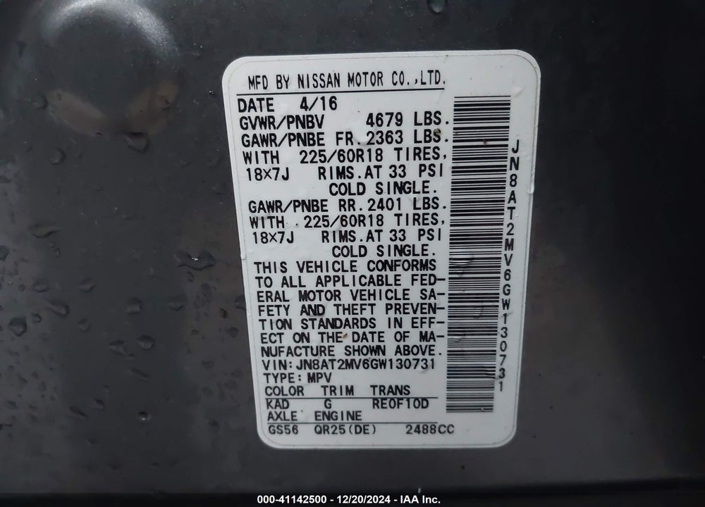 2016 NISSAN ROGUE S/SL/SV VIN: JN8AT2MV6GW130731