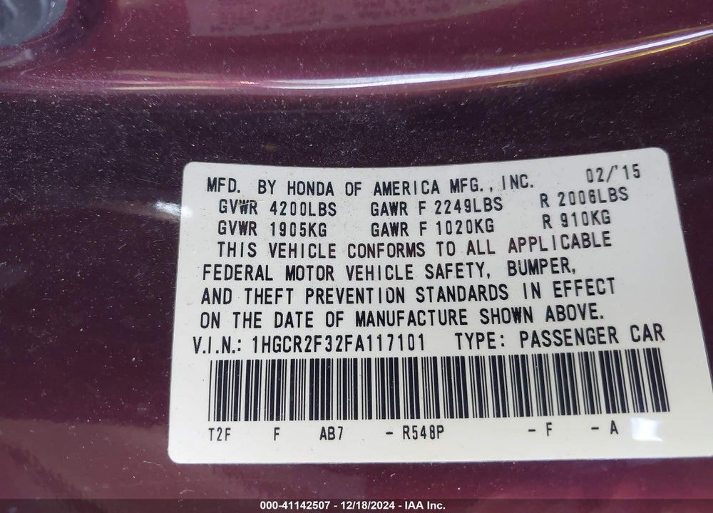 2015 HONDA ACCORD LX VIN: 1HGCR2F32FA117101