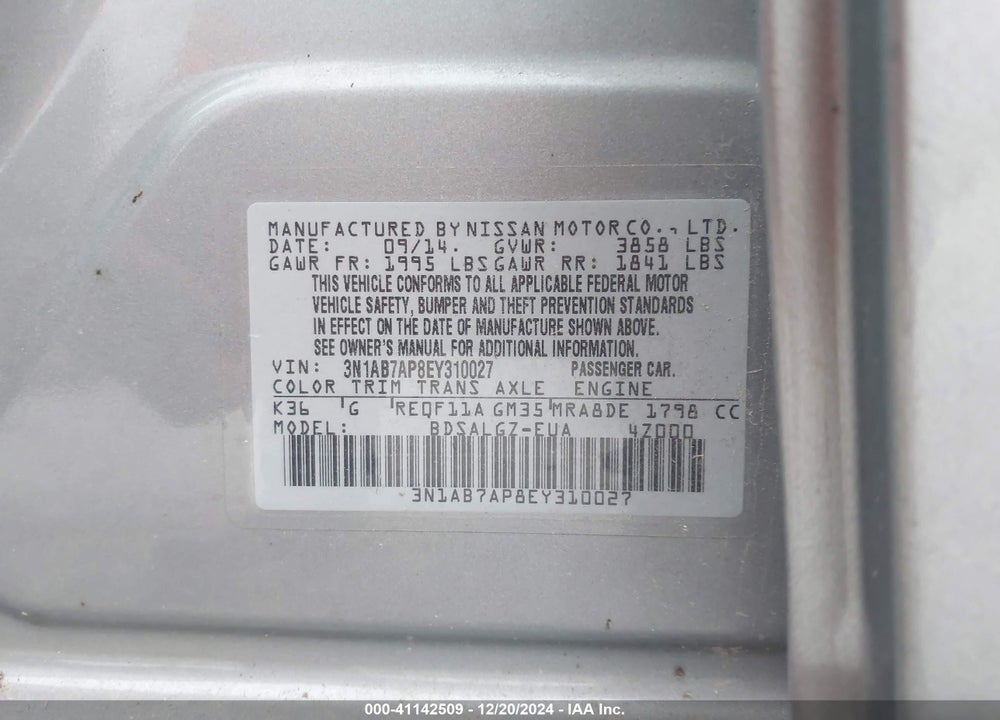 2014 NISSAN SENTRA VIN: 3N1AB7AP8EY310027