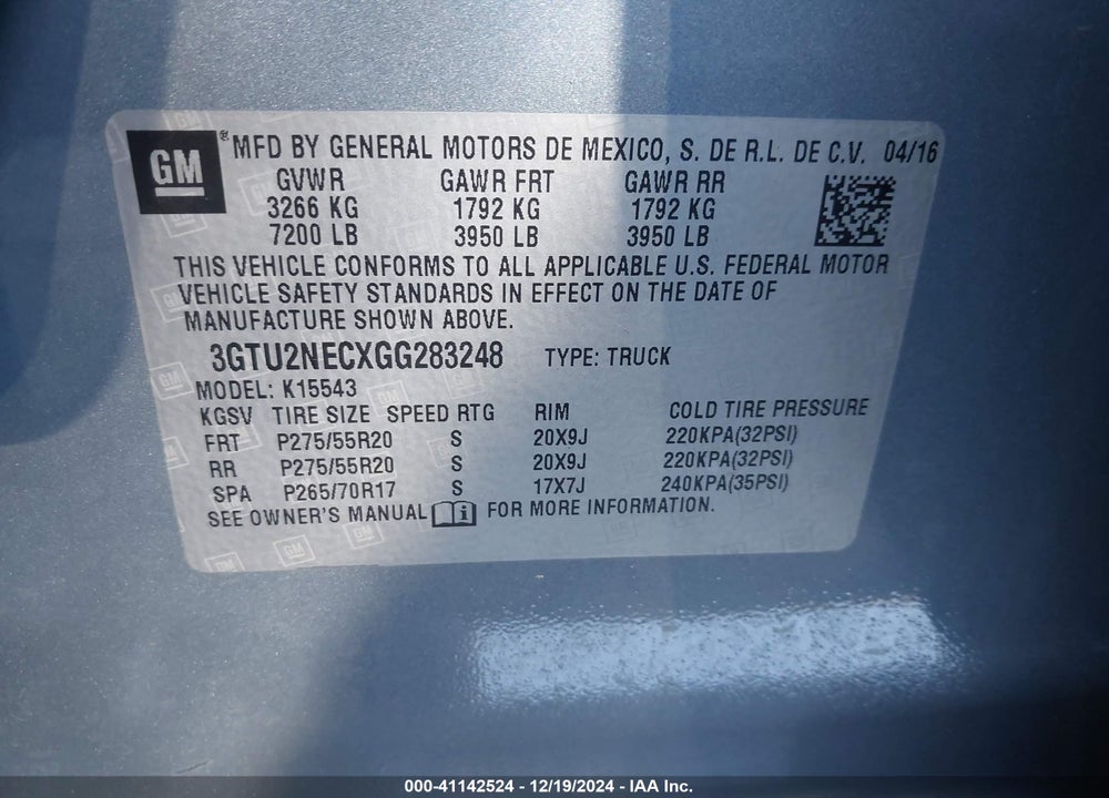 2016 GMC SIERRA 1500 SLT VIN: 3GTU2NECXGG283248