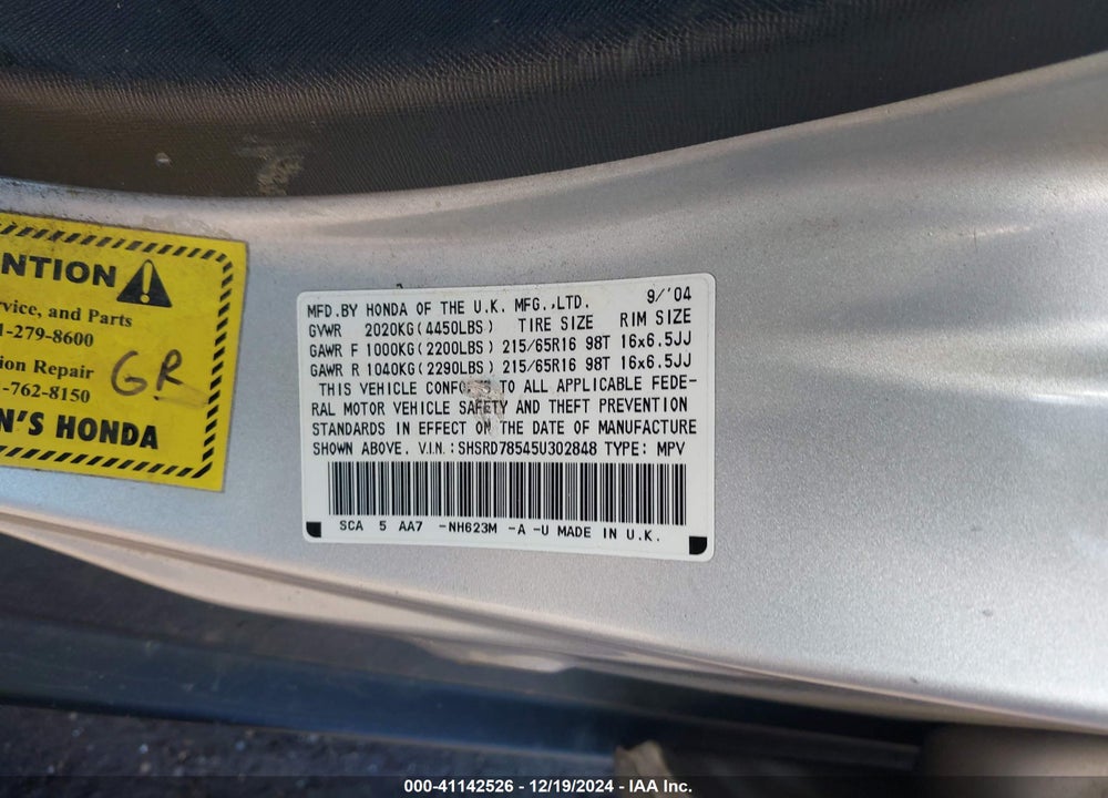 2005 HONDA CR-V LX VIN: SHSRD78545U302848