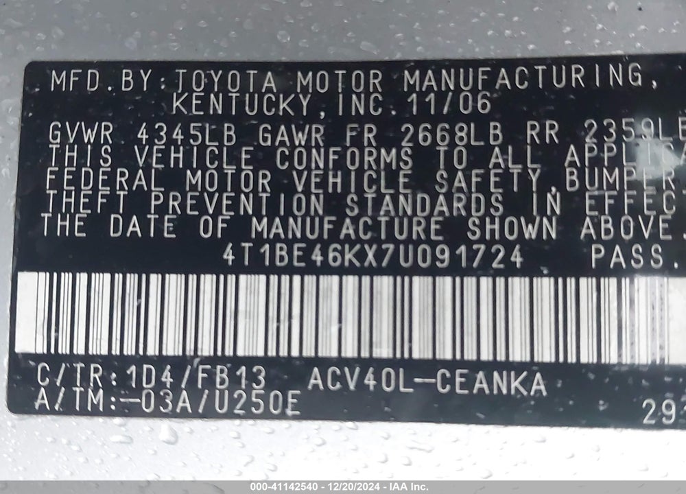 2007 TOYOTA CAMRY LE VIN: 4T1BE46KX7U091724