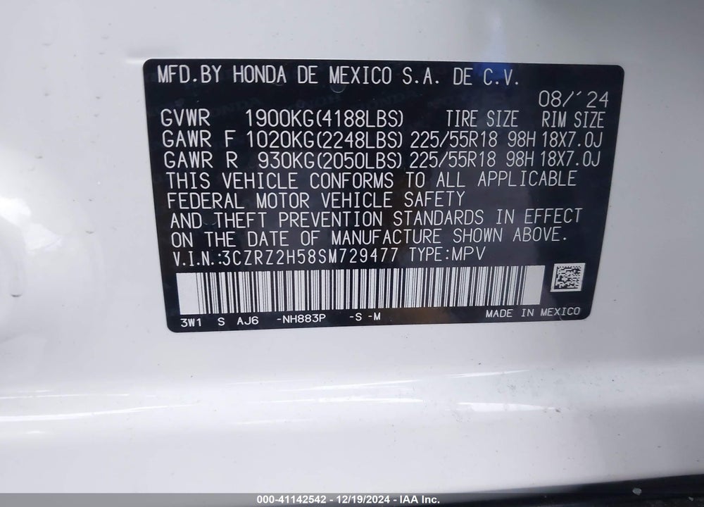 2025 HONDA HR-V AWD SPORT VIN: 3CZRZ2H58SM729477