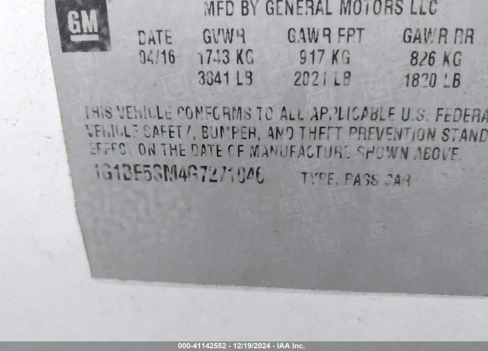 2016 CHEVROLET CRUZE LT AUTO VIN: 1G1BE5SM4G7271046