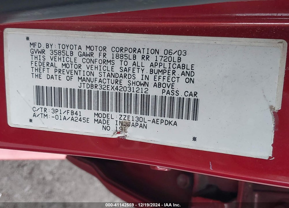 2004 TOYOTA COROLLA CE VIN: JTDBR32EX42031212