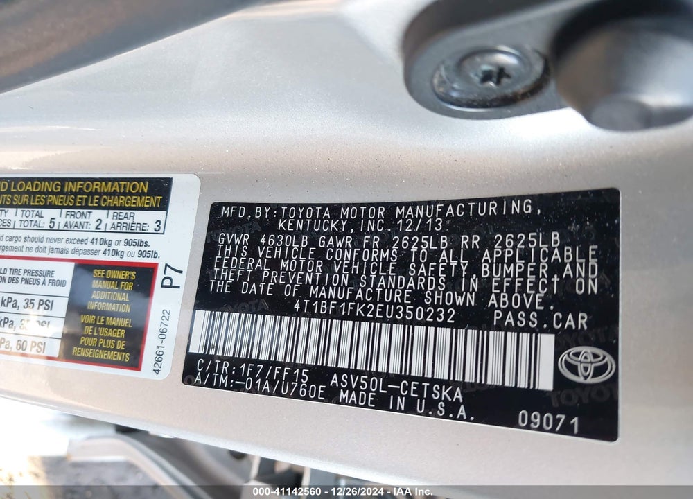 2014 TOYOTA CAMRY VIN: 4T1BF1FK2EU350232