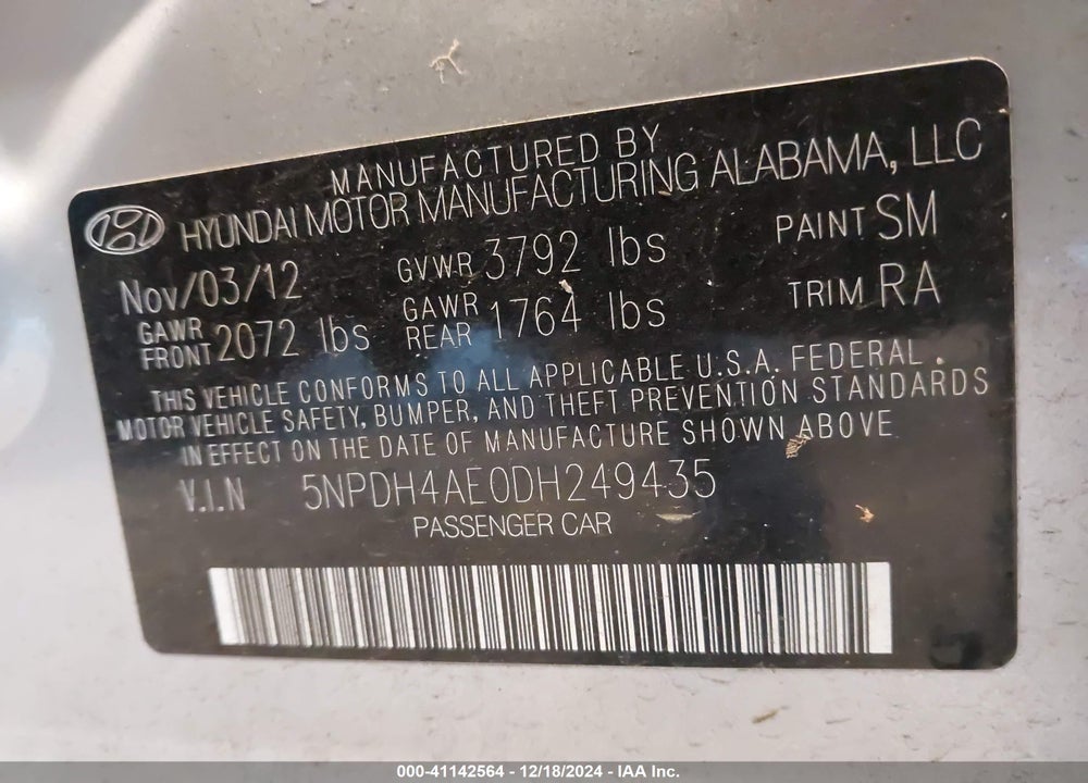 2013 HYUNDAI ELANTRA GLS VIN: 5NPDH4AE0DH249435