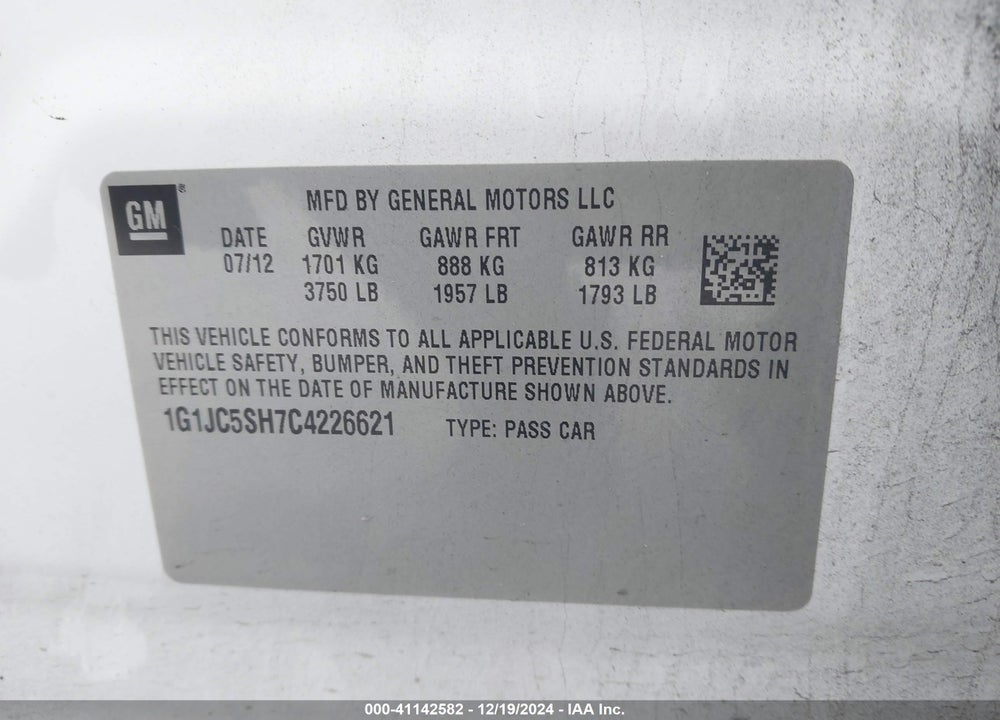 2012 CHEVROLET SONIC VIN: 1G1JC5SH7C4226621