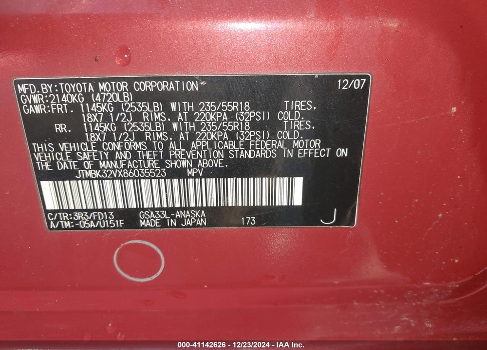 2008 TOYOTA RAV4 SPORT V6 VIN: JTMBK32VX86035523