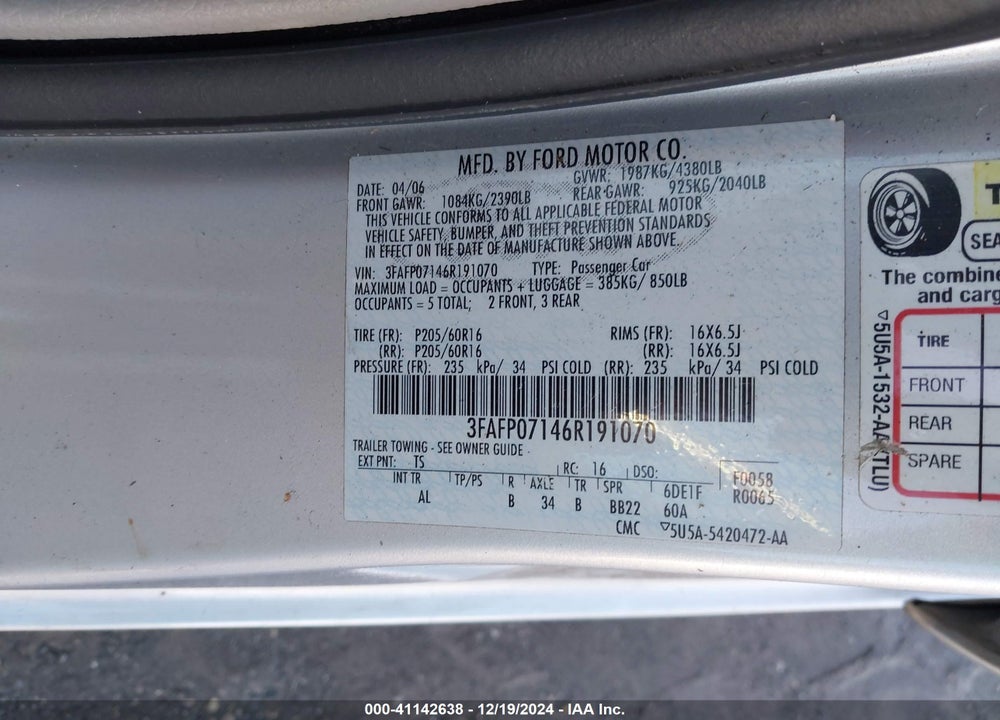 2006 FORD FUSION SE VIN: 3FAFP07146R191070