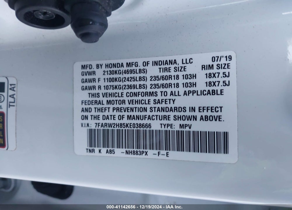 2019 HONDA CR-V EX-L VIN: 7FARW2H85KE038666