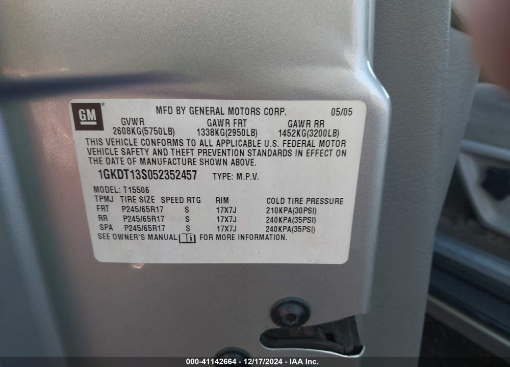 2005 GMC ENVOY SLE VIN: 1GKDT13S052352457