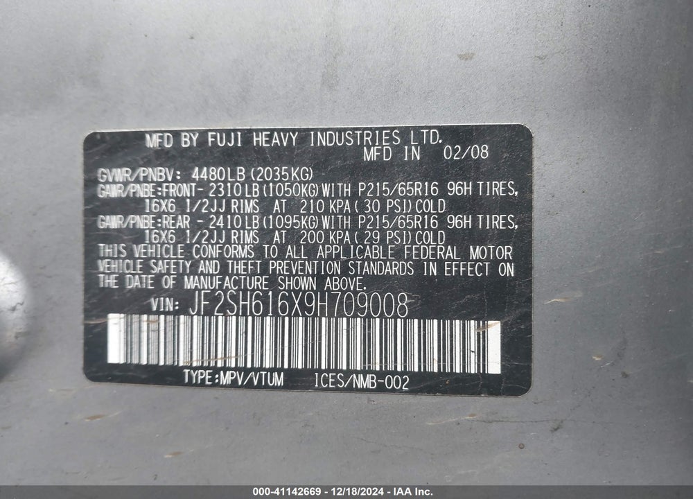 2009 SUBARU FORESTER 2.5X VIN: JF2SH616X9H709008