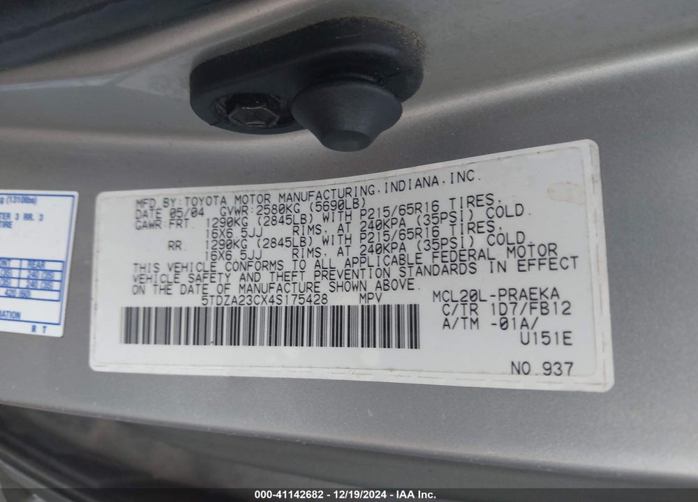 2004 TOYOTA SIENNA LE VIN: 5TDZA23CX4S175428