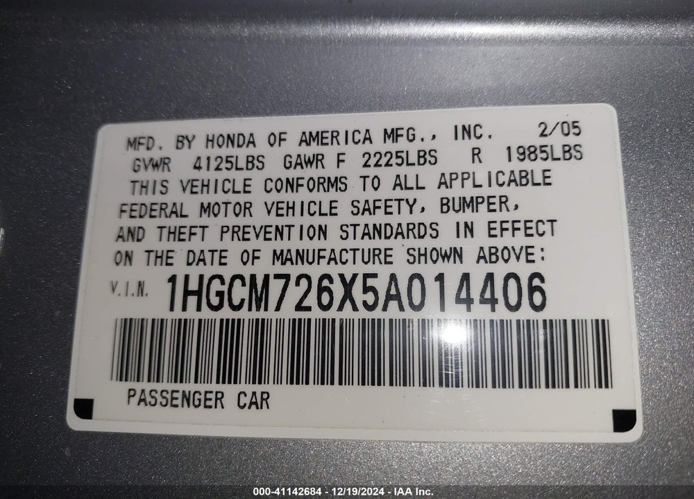 2005 HONDA ACCORD 2.4 EX VIN: 1HGCM726X5A014406
